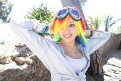 Size: 1024x685 | Tagged: safe, artist:nyusho, rainbow dash, human, cosplay, goggles, irl, irl human, photo, smiling, solo