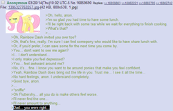 Size: 631x404 | Tagged: safe, fluttershy, rainbow dash, pegasus, pony, /mlp/, 4chan, anon in equestria, feels, greentext, rejection is magic, sad, text