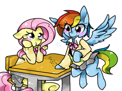 Size: 2000x1500 | Tagged: safe, artist:chadzuke kariudo, fluttershy, rainbow dash, pegasus, pony, blushing, bow, chair, clothes, desk, female, flutterdash, lesbian, miniskirt, pencil, pixiv, pleated skirt, school uniform, shipping, skirt