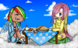 Size: 1270x781 | Tagged: safe, artist:singingcatartist12, fluttershy, rainbow dash, human, clothes, cloud, cloudy, drink, ear piercing, eating, food, hair over one eye, humanized, pie, sitting, sweater, sweatershy, table, tea, winged humanization