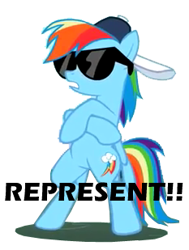 Size: 233x309 | Tagged: safe, artist:drpain, edit, rainbow dash, pegasus, pony, may the best pet win, female, hooves, mare, represent, simple background, solo, sunglasses, teeth, text, vector, white background, wings