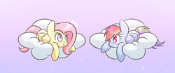 Size: 1280x533 | Tagged: safe, artist:joycall6, fluttershy, rainbow dash, pegasus, pony, blushing, cloud, female, flutterdash, lesbian, looking at each other, mare, shipping