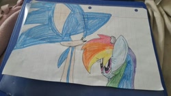 Size: 1328x747 | Tagged: safe, artist:flowerswirlpower1182, derpibooru import, rainbow dash, pegasus, pony, crossover, sonic the hedgehog, sonic the hedgehog (series), traditional art