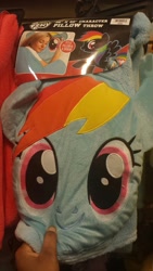 Size: 720x1280 | Tagged: safe, rainbow dash, pegasus, pony, blue coat, female, mare, merchandise, multicolored mane, official, pillow, solo