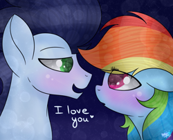 Size: 1024x832 | Tagged: dead source, safe, artist:northlights8, derpibooru import, rainbow dash, soarin', pegasus, pony, blushing, female, male, shipping, soarindash, straight