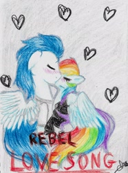 Size: 1604x2151 | Tagged: safe, artist:chacha9000, rainbow dash, soarin', pegasus, pony, blushing, female, kissing, male, shipping, soarindash, straight, traditional art