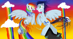 Size: 1024x552 | Tagged: safe, artist:skullkittenz21, rainbow dash, soarin', pegasus, pony, female, male, rainbows, shipping, soarindash, straight