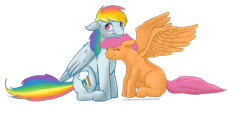 Size: 1500x700 | Tagged: safe, artist:scopsowlpost, rainbow dash, scootaloo, pegasus, pony, female, mare, scootalove, wings