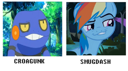 Size: 799x445 | Tagged: safe, screencap, rainbow dash, pegasus, pony, daring don't, comparison, croagunk, pokémon, smugdash