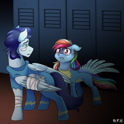 Size: 1600x1600 | Tagged: safe, artist:dragonfoxgirl, derpibooru import, rainbow dash, soarin', pegasus, pony, bandage, bandaid, clothes, crying, floppy ears, injured, locker room, lockers, wonderbolts uniform