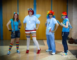 Size: 2048x1594 | Tagged: safe, rainbow dash, human, clothes, cosplay, irl, irl human, photo, rainbow socks, shorts, sneakers, socks, striped socks, suspenders