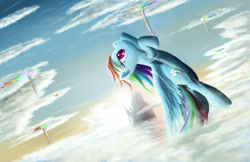 Size: 2500x1618 | Tagged: safe, artist:fox-moonglow, rainbow dash, pegasus, pony, canterlot, cloud, cloudy, featured on derpibooru, flying, mountain, rainbow, rainbow waterfall, smiling, smirk, solo, spread wings, upside down