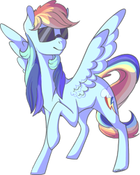 Size: 722x900 | Tagged: safe, artist:crponies, derpibooru import, rainbow dash, pegasus, pony, newbie artist training grounds, raised hoof, simple background, solo, spread wings, sunglasses, transparent background