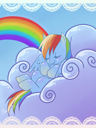 Size: 1200x1600 | Tagged: safe, artist:nyako-shoyu, rainbow dash, pegasus, pony, cloud, cute, dashabetes, rainbow, sleeping, solo