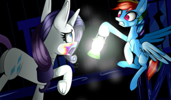 Size: 849x500 | Tagged: safe, artist:xxmissteaxx, derpibooru import, rainbow dash, rarity, pegasus, pony, unicorn, 28 pranks later, cookie zombie, lantern, scene interpretation