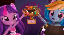 Size: 852x476 | Tagged: safe, derpibooru import, screencap, rainbow dash, twilight sparkle, equestria girls, dance off, disco ball, doll, equestria girls minis, toy, trophy, youtube link