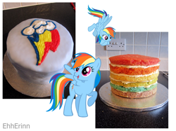 Size: 1890x1417 | Tagged: safe, artist:ehherinn, rainbow dash, pegasus, pony, blue coat, cake, cutie mark, female, mare, multicolored mane, solo