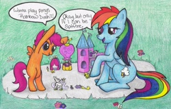 Size: 5789x3675 | Tagged: safe, artist:dustyrose3, derpibooru import, princess celestia, rainbow dash, rarity, scootaloo, spitfire, alicorn, pegasus, pony, unicorn, balloon, castle, colored pencil drawing, figure, hot air balloon, playing, ponies playing with ponies, roleplaying, scootalove, speech bubble, toy, traditional art, twinkling balloon