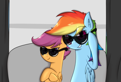 Size: 1544x1050 | Tagged: safe, artist:zogzor, derpibooru import, rainbow dash, scootaloo, pegasus, pony, photobooth, sunglasses