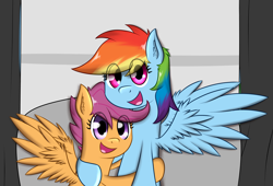 Size: 1544x1050 | Tagged: safe, artist:zogzor, derpibooru import, rainbow dash, scootaloo, pegasus, pony, hug, photobooth, scootalove