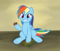 Size: 811x685 | Tagged: safe, derpibooru import, rainbow dash, pegasus, pony, 28 pranks later, cookie, cute, dashabetes, food, grin, happy, hoof hold, sitting, smiling