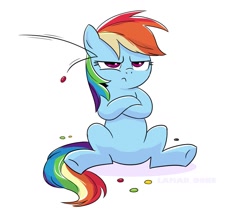 Size: 1360x1176 | Tagged: safe, artist:lamar_bone, derpibooru exclusive, derpibooru import, rainbow dash, pegasus, pony, annoyed, candy, crossed arms, food, frown, rainbow dash is not amused, simple background, sitting, skittles, solo, unamused, underhoof, white background