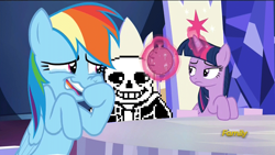Size: 960x540 | Tagged: safe, derpibooru import, edit, edited screencap, screencap, rainbow dash, twilight sparkle, twilight sparkle (alicorn), alicorn, pegasus, pony, 28 pranks later, crying, discovery family logo, laughing, sans (undertale), tears of laughter, undertale, whoopee cushion