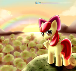 Size: 3030x2807 | Tagged: safe, artist:dyoung, apple bloom, rainbow dash, earth pony, pegasus, pony, adorabloom, cute, duo, female, filly, flying, lens flare, mare, orchard, rainbow, solo focus, sunrise