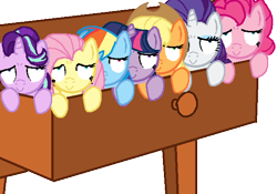 Size: 589x413 | Tagged: safe, artist:creepycurse, derpibooru import, part of a set, applejack, fluttershy, pinkie pie, rainbow dash, rarity, starlight glimmer, twilight sparkle, earth pony, pegasus, pony, unicorn, drawer, drowsy drawer ponies, mane six