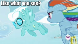 Size: 960x540 | Tagged: safe, edit, edited screencap, screencap, fleetfoot, rainbow dash, pegasus, pony, rainbow falls, all new, butt, caption, female, fleetdash, flying, hub logo, image macro, lesbian, looking back, mare, meme, plot, text