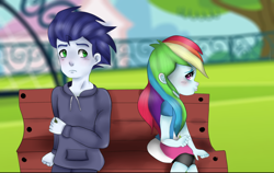 Size: 1024x646 | Tagged: safe, artist:arioodle, derpibooru import, rainbow dash, soarin', equestria girls, bench, blushing, equestria girls-ified, female, male, on side, shipping, soarindash, straight