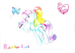 Size: 1024x725 | Tagged: safe, artist:lillyflover, rainbow dash, rainbow dash (g3), butterfly, g3.5, solo, traditional art