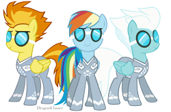 Size: 1520x1000 | Tagged: safe, artist:dragonchaser123, derpibooru import, fleetfoot, rainbow dash, spitfire, pegasus, pony, rainbow falls, goggles, racing suit, simple background, transparent background, vector