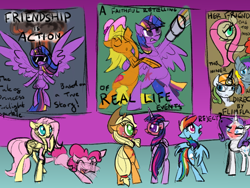 Size: 800x600 | Tagged: safe, artist:sallindaemon, derpibooru import, applejack, fluttershy, pinkie pie, rainbow dash, rarity, twilight sparkle, twilight sparkle (alicorn), oc, alicorn, earth pony, pegasus, pony, unicorn, blushing, explosion, implied twijack, laughing, mane six, movie poster, newbie artist training grounds, sunglasses