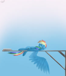 Size: 2762x3178 | Tagged: safe, artist:php69, derpibooru import, rainbow dash, pegasus, pony, backwards cutie mark, eyes closed, female, gradient background, lamppost, on back, sleeping, solo, spread wings, wings