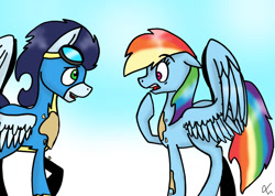 Size: 1024x729 | Tagged: safe, artist:lrusu, rainbow dash, soarin', pegasus, pony, dirty, female, male, shipping, soarindash, straight