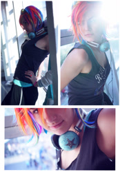 Size: 746x1072 | Tagged: safe, artist:schpog, rainbow dash, human, cosplay, headphones, irl, irl human, photo, solo