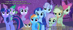 Size: 1333x559 | Tagged: safe, derpibooru import, apple bloom, applejack, fluttershy, pinkie pie, rainbow dash, rarity, scootaloo, spike, sweetie belle, twilight sparkle, dragon, earth pony, pegasus, pony, unicorn, cutie mark crusaders, mane seven, pink floyd, song in the comments, song reference, the dark side of the moon, vector