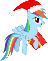 Size: 5245x6675 | Tagged: safe, artist:livehotsun, derpibooru import, rainbow dash, pegasus, pony, absurd resolution, flying, hat, present, santa hat, simple background, solo, transparent background, vector