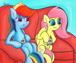 Size: 2000x1639 | Tagged: safe, artist:psalmie, fluttershy, rainbow dash, pegasus, pony, female, gaming, mare, wings