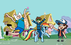 Size: 1800x1157 | Tagged: safe, artist:sharkiity, rainbow dash, pegasus, pony, adventure time, crossover, dipper pines, finn the human, gravity falls, ponyville