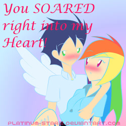 Size: 894x894 | Tagged: safe, artist:platinum-starz, rainbow dash, soarin', human, blushing, card, carrying, female, humanized, male, shipping, soarindash, straight