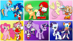 Size: 1920x1080 | Tagged: safe, artist:mafilix, derpibooru import, applejack, fluttershy, pinkie pie, rainbow dash, rarity, twilight sparkle, twilight sparkle (alicorn), alicorn, earth pony, pegasus, pony, unicorn, crossover, mane six, miles "tails" prower, not shipping, sonic team, sonic the hedgehog, sonic the hedgehog (series)