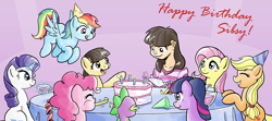 Size: 1800x800 | Tagged: safe, artist:muffinshire, derpibooru import, applejack, fluttershy, pinkie pie, rainbow dash, rarity, spike, twilight sparkle, wild fire, human, birthday, birthday cake, cake, happy birthday, hat, human ponidox, mane seven, party, party hat, pyrokinesis, sibsy