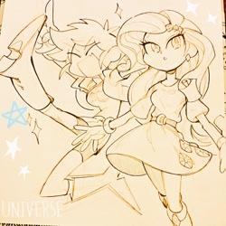 Size: 1024x1022 | Tagged: safe, artist:cherryalpaka, derpibooru import, rainbow dash, rarity, equestria girls, clothes, duo, eyes closed, female, monochrome, pencil drawing, skirt, stars, traditional art