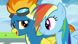 Size: 640x360 | Tagged: safe, derpibooru import, screencap, rainbow dash, spitfire, pegasus, pony, newbie dash, clothes, wonderbolts uniform