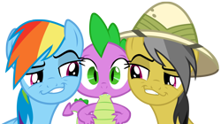 Size: 2522x1416 | Tagged: dead source, safe, daring do, rainbow dash, spike, dragon, pegasus, pony, daringspike, female, hundreds of users filter this tag, male, rainbowspike, shipping, smugdash, spike gets all the mares, straight, vector edit