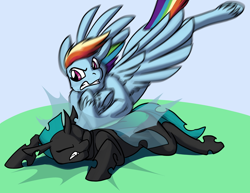 Size: 1000x773 | Tagged: safe, artist:foxenawolf, rainbow dash, oc, changeling, pegasus, pony, fanfic:growing up dandy, eyes closed, fanfic art, fluffy, glare, gritted teeth, outdoors, prone, spread wings, tackle, unshorn fetlocks, violence