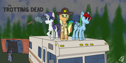 Size: 3000x1517 | Tagged: safe, artist:starrypallet, derpibooru import, applejack, rainbow dash, rarity, twilight sparkle, earth pony, pegasus, pony, unicorn, zombie, cap, car, gun, hat, post-apocalyptic, shotgun, the walking dead, tree, trotting dead, weapon