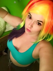 Size: 720x960 | Tagged: safe, artist:mintyblitzz, derpibooru import, rainbow dash, human, breasts, cleavage, clothes, cosplay, costume, female, irl, irl human, looking at you, midriff, photo, selfie, solo, sports bra, wip